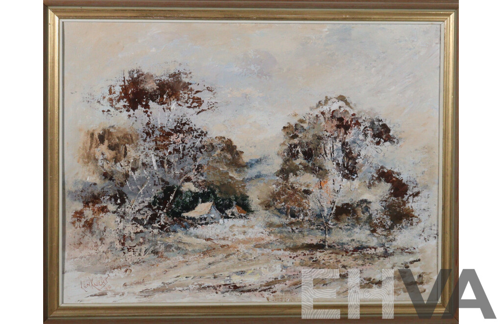 Len Knight, (20th Century, Australian), Lone Bush Cottage (1980), Acrylic on Canvas, 52 x 67 cm (frame)