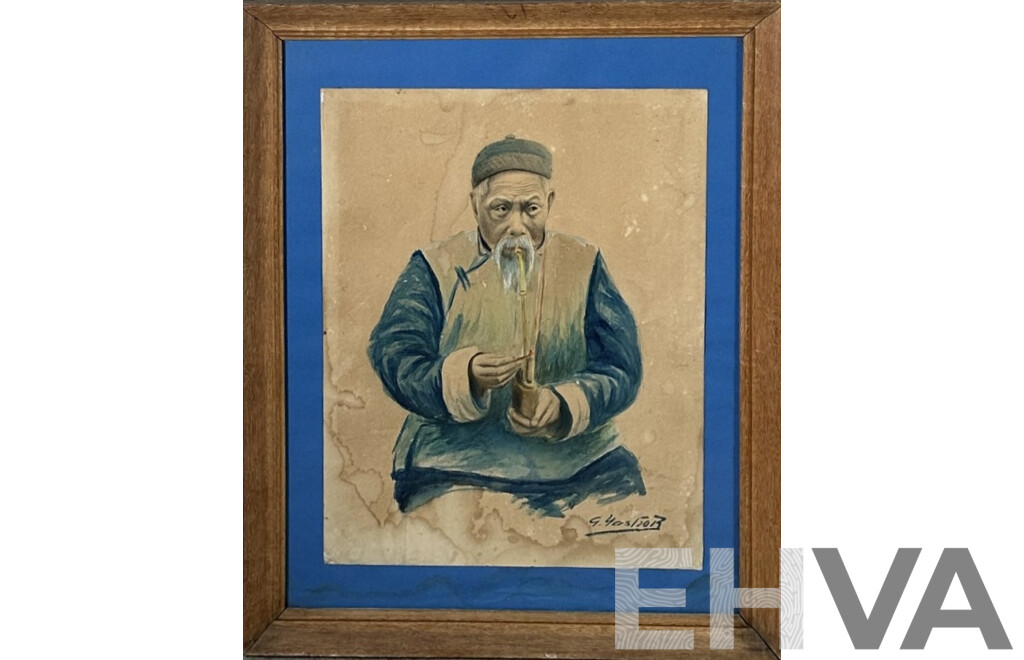 G. Yahsor (Asian School, 20th Century), Old Man with Pipe, Original Vintage Watercolour, 58.5 x 45.5 cm (frame)