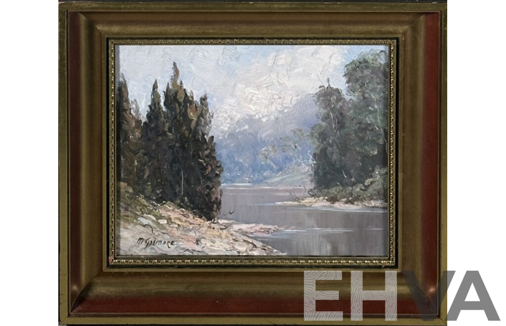 M. Gilmore (20th Century, Australian), Early Morning on the River, Vintage Acrylic on Canvas Board, 36 x 41 cm (frame)
