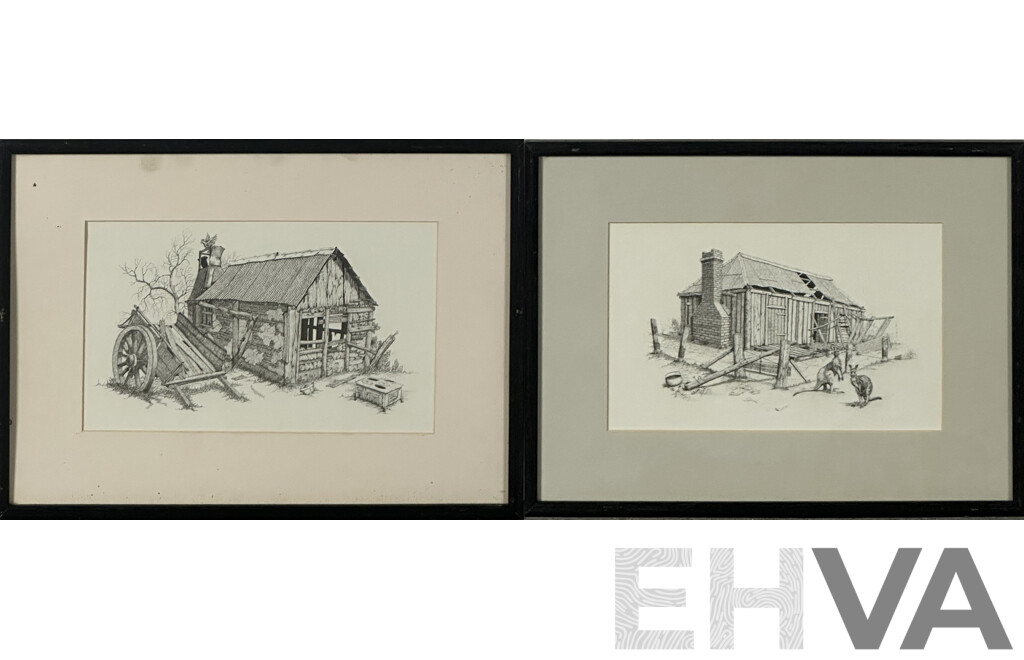 Artist Unknown, Bush Shed with Broken Oven and Wagon, and Bush Shed with Kangaroos, Pair of Vintage Reproduction Prints of Original Pen and Ink Drawings, 31 x 41 cm (frames)