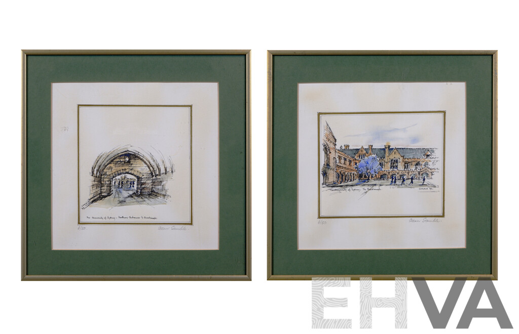 Allan Gamble, (20th Century, Australian, 1907-2001), Studies of University of Sydney, (1990), Pair of Pen, Ink and Washes (2)
