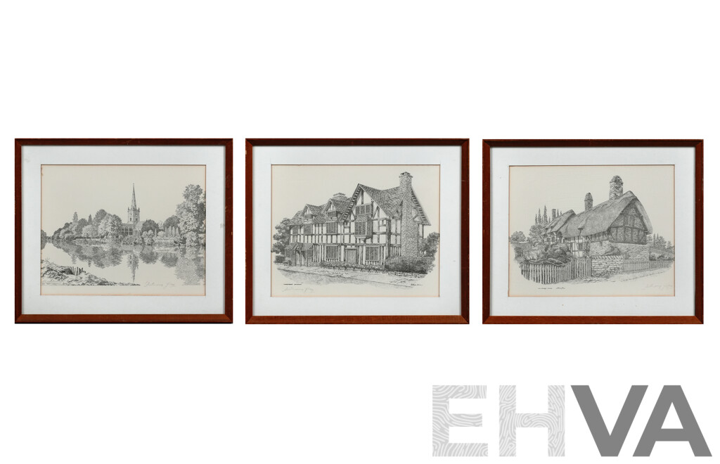 Anthony John (20th Century), Shakespeare's Birthplace; Holy Trinity Church & Anne Hathaway's Cottage, Trio of Quality Prints of Original Pencil and Inks (3)