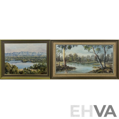 E. Beattie and N.G, Swend, (20th Century, Dates Unknown), Wonderful Pair of Vintage Landscapes Featuring Water, Oil on Canvas and on Board, 49 x 82 cm (frame;Beattie) (2)