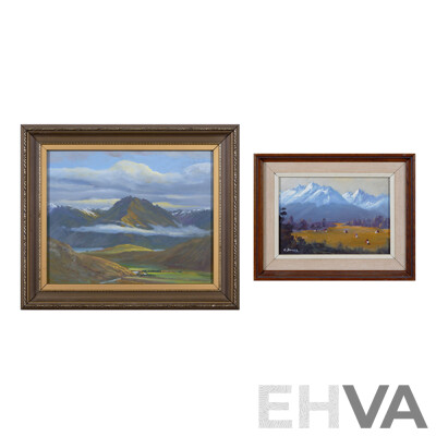 E. J. Thomas, (20th Century, New Zealander, Working c1980s), Bayonet Peaks and Mitre Peak, New Zealand, Pair of Oil on Boards, 29 x 34 cm (largest frame) (2)