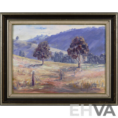 Geoff Naylor, (20th Century, Australian, Currently Active), Back Paddock (1986), Oil on Canvas Board, Signed and Dated, Exhibition of Artist Currently Underway at Kyeema Gallery, 39 x 50 cm (frame)