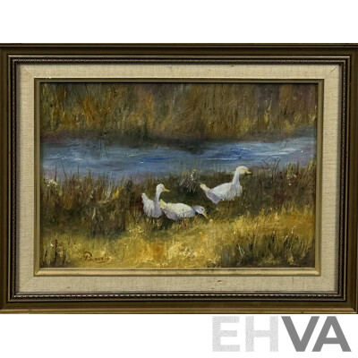 Pamela Carruthers, (20th Century), At the Fourth - Ducks by the Water, Vintage Oil on Canvas, 35 x 46 cm (frame)