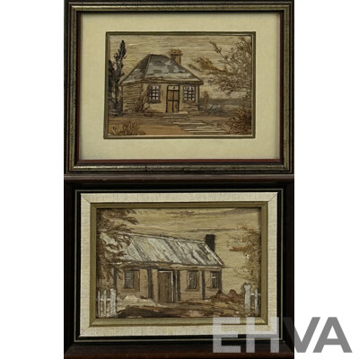 Joan Coates (20th Century, Australian), Humble Cottage & Early Tasmanian Cottage, Pair of Unique Tasmanian Bark & Seaweed Bark Art, 18.5 x 23.5 cm (larger frame) (2)