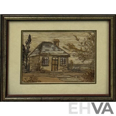 Joan Coates (20th Century, Australian), Humble Cottage & Early Tasmanian Cottage, Pair of Unique Tasmanian Bark & Seaweed Bark Art, 18.5 x 23.5 cm (larger frame) (2)