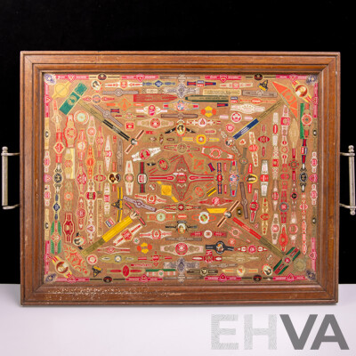 Vintage Wooden Serving Tray with Collection of Cigar Labels Under Glass