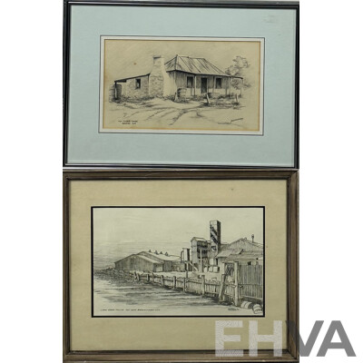 Lindsay Richards (20th C, Australian), John Perry Pty Ltd, Batemans Bay (1981), Ink & D.J. Cleverely, (20th C, Australian, Old Pioneer's Cottage, SA, Pencil Sketch, 37 x 50 cm (larger frame) (2)