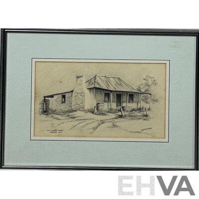 Lindsay Richards (20th C, Australian), John Perry Pty Ltd, Batemans Bay (1981), Ink & D.J. Cleverely, (20th C, Australian, Old Pioneer's Cottage, SA, Pencil Sketch, 37 x 50 cm (larger frame) (2)