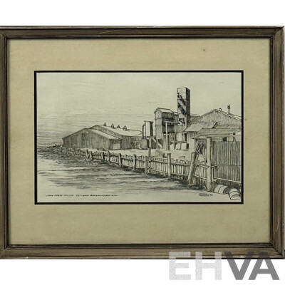 Lindsay Richards (20th C, Australian), John Perry Pty Ltd, Batemans Bay (1981), Ink & D.J. Cleverely, (20th C, Australian, Old Pioneer's Cottage, SA, Pencil Sketch, 37 x 50 cm (larger frame) (2)