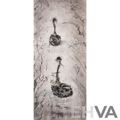 Chris (Last Name Unknown), (20th Century), Black Swans, Wonderful Mixed Media Acrylic & Pigment Dye on Cloth, 105 x 46 cm (edge to edge)