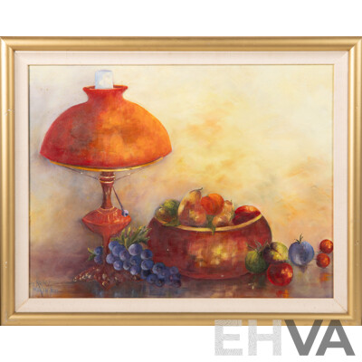 Kerry Tarlinton, (20th Century, Australian), Still Life Lamp with Fruit Bowl, Wonderful Original Oil on Masonite Board, 47 x 59 cm (frame)