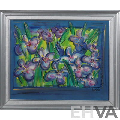 Leslie Duggan, (20th Century, New Zealander), Violet Garden (2002), Original Mixed Media Fabric Paint and Ink on Cloth, 50 x 60 cm (frame)