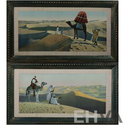 Artist Unknown (c1920s), Au Desert I & II, Pair of Antique Moroccan or Algerian French Colour Prints, 41 x 77 cm (frames) (2)