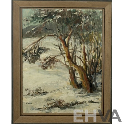 Ann Lovas, (20th Century, Australian), Snowy Morning, Vintage Acrylic on Masonite, 47.5 x 37 cm (frame)