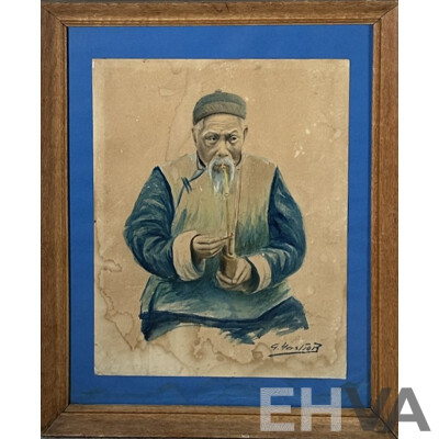 G. Yahsor (Asian School, 20th Century), Old Man with Pipe, Original Vintage Watercolour, 58.5 x 45.5 cm (frame)
