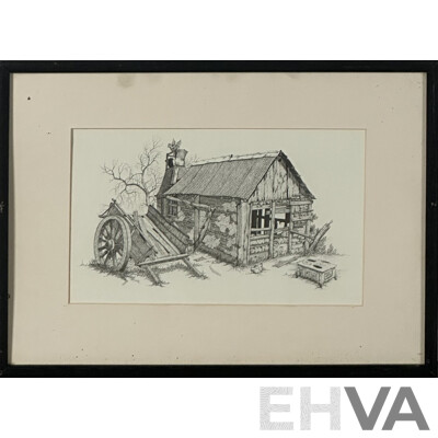 Artist Unknown, Bush Shed with Broken Oven and Wagon, and Bush Shed with Kangaroos, Pair of Vintage Reproduction Prints of Original Pen and Ink Drawings, 31 x 41 cm (frames)