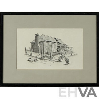 Artist Unknown, Bush Shed with Broken Oven and Wagon, and Bush Shed with Kangaroos, Pair of Vintage Reproduction Prints of Original Pen and Ink Drawings, 31 x 41 cm (frames)