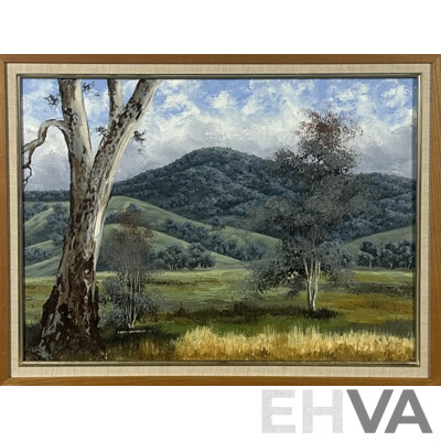 Joan Lehmann, (20th Century, Australian, Working c1970s), Scene Near Wodonga, North Eastern Victoria, Acrylic on Canvas, 59 x 79 cm (frame)