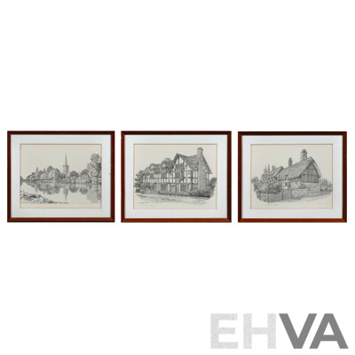 Anthony John (20th Century), Shakespeare's Birthplace; Holy Trinity Church & Anne Hathaway's Cottage, Trio of Quality Prints of Original Pencil and Inks (3)