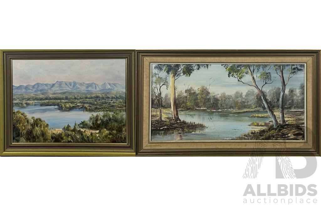 E. Beattie and N.G, Swend, (20th Century, Dates Unknown), Wonderful Pair of Vintage Landscapes Featuring Water, Oil on Canvas and on Board, 49 x 82 cm (frame;Beattie) (2)