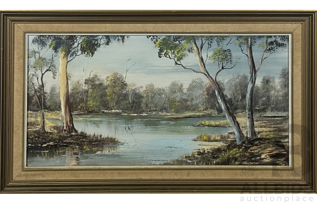 E. Beattie and N.G, Swend, (20th Century, Dates Unknown), Wonderful Pair of Vintage Landscapes Featuring Water, Oil on Canvas and on Board, 49 x 82 cm (frame;Beattie) (2)