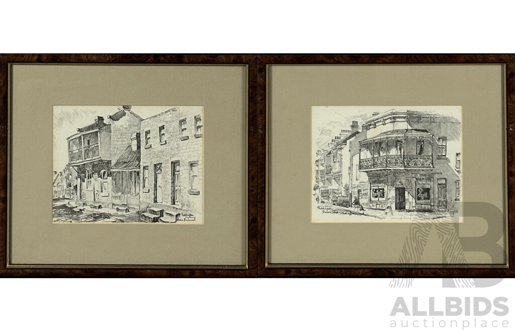 Cedric Emanuel, (20th Century, New Zealand Born Australian,1906-1995), Paddington Grocer's Shop and Paddington, Sydney, Wonderful Vintage Prints of Original Sketches, 31 x 35 cm (frames) (2)