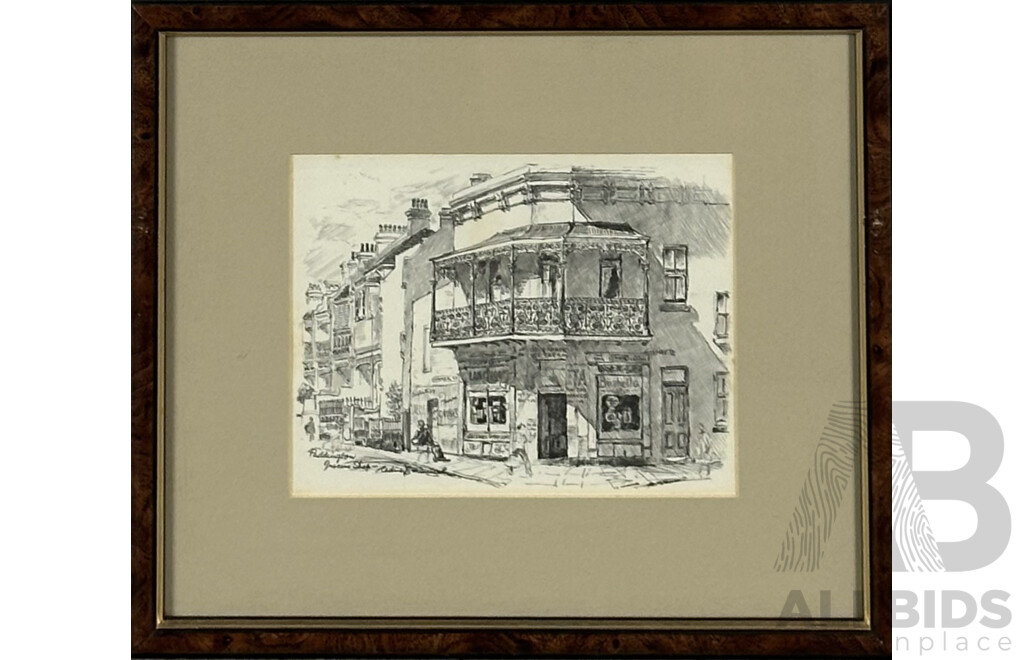 Cedric Emanuel, (20th Century, New Zealand Born Australian,1906-1995), Paddington Grocer's Shop and Paddington, Sydney, Wonderful Vintage Prints of Original Sketches, 31 x 35 cm (frames) (2)