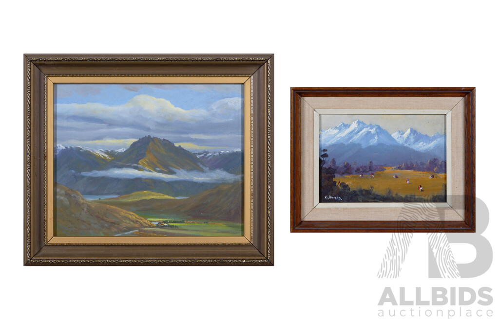 E. J. Thomas, (20th Century, New Zealander, Working c1980s), Bayonet Peaks and Mitre Peak, New Zealand, Pair of Oil on Boards, 29 x 34 cm (largest frame) (2)