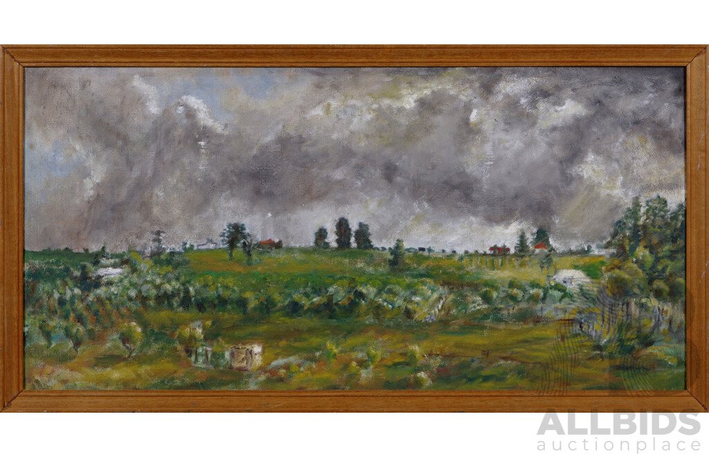 Artist Unknown, (20th Century), Storm Clouds Over Green Fields, Vintage Oil on Canvas Board, 50 x 96 cm (frame)