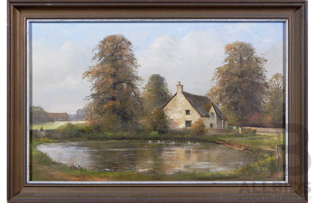 E.J. Wilson (20th Century, British), Biddestone, (Nr Laycock, Cotswolds, Glos & Wilts. Border), Original Vintage Oil on Board, 43 x 63 cm (frame)