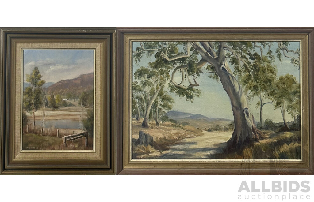 S. Forbes (20th Century, Australian, c1980s) (1986), Rural Cottage by River, & Artist Unknown (20th Century, Australian), Gums by Lone Track, Oil on Canvases, 46 x 62 cm (largest frame) (2)