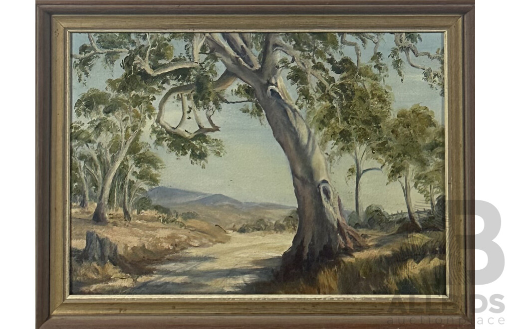 S. Forbes (20th Century, Australian, c1980s) (1986), Rural Cottage by River, & Artist Unknown (20th Century, Australian), Gums by Lone Track, Oil on Canvases, 46 x 62 cm (largest frame) (2)