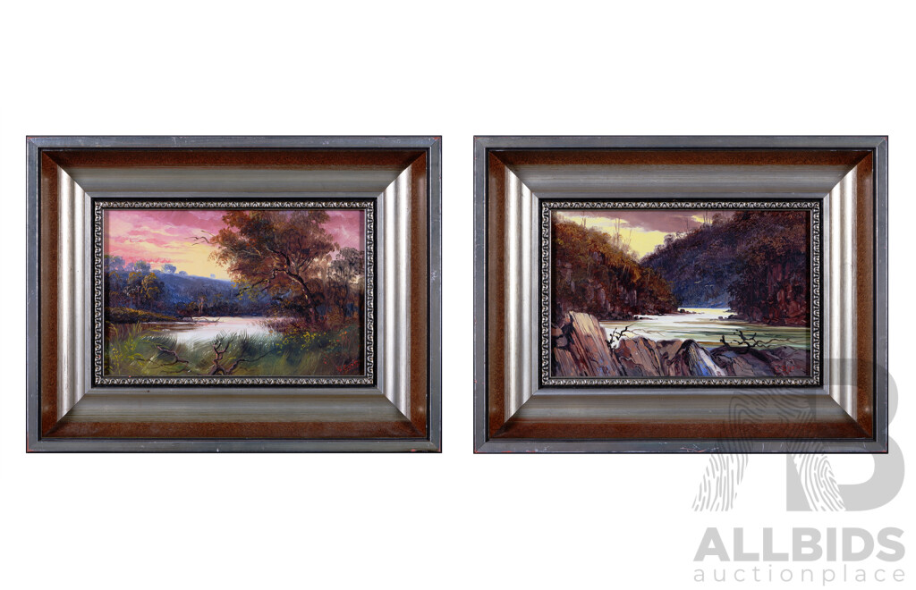 G. Eyre, (20th Century), Rocky Riverscape and Calm Waters at Dawn, Lovely Pair of Vintage Oils on Board, 26 x 34 cm (frames) (2)