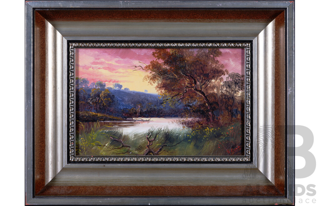 G. Eyre, (20th Century), Rocky Riverscape and Calm Waters at Dawn, Lovely Pair of Vintage Oils on Board, 26 x 34 cm (frames) (2)