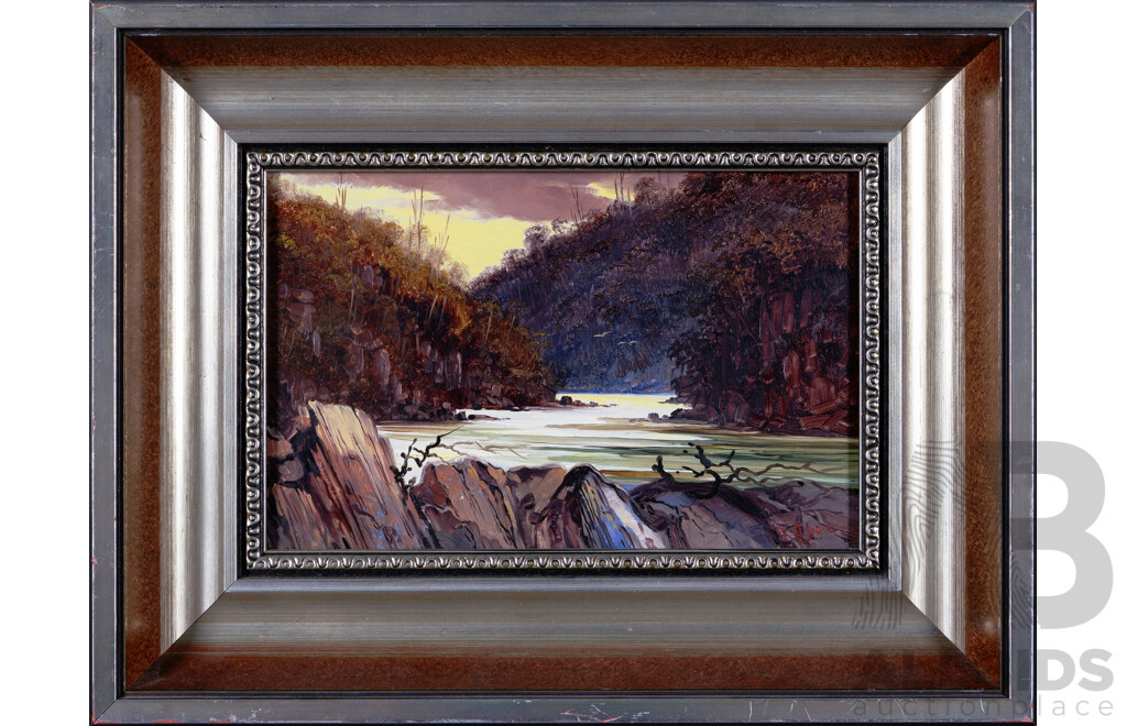 G. Eyre, (20th Century), Rocky Riverscape and Calm Waters at Dawn, Lovely Pair of Vintage Oils on Board, 26 x 34 cm (frames) (2)