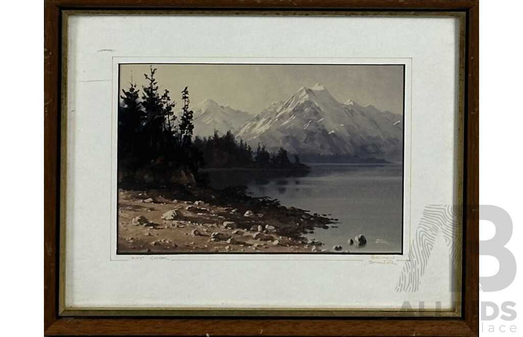 Brian Baxter (20th Century, New Zealander, Active 1970-90s), Mt Cook, Print of Original Oil, Hand Signed Alongside (Artist Unknown,) NZ Mountain Range, Oil on Canvas, 26 x 32 cm (frame) (2)