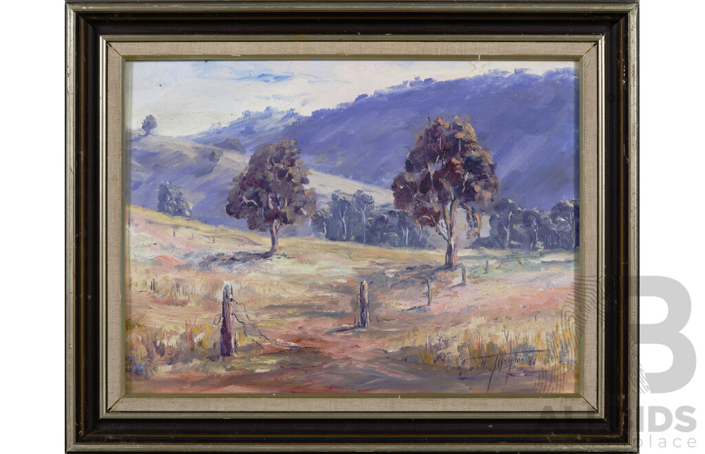 Geoff Naylor, (20th Century, Australian, Currently Active), Back Paddock (1986), Oil on Canvas Board, Signed and Dated, Exhibition of Artist Currently Underway at Kyeema Gallery, 39 x 50 cm (frame)