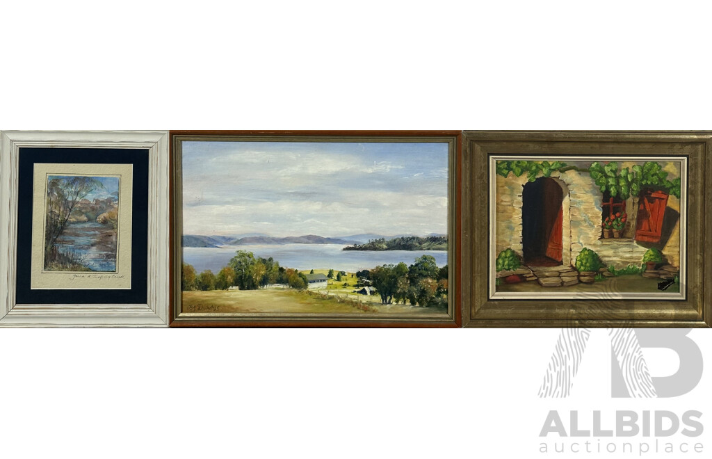 Cynthia Wallace (20th C., Australian, c1980s), B.J. Duke (20th C., Australian, c1990s), & Unknown Artist, Trio of Landscapes, Oil on Canvas & Watercolour,  32 x 48 cm (largest frame) (3)