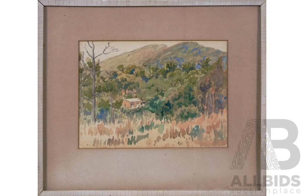 Artist Unknown, (Date Unknown), Pair of Lone House Nestled in the Mountains, Vintage Watercolours on Card, 31 x 36 cm (frame) (2)