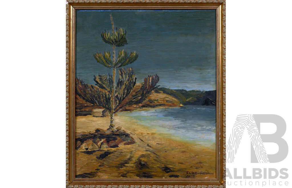 Elido Fachin (Italian?-Australian, 1928-2003, OAM 1995), Solitary Tree by Water (1962), Vintage Oil on Board, 50 x 42 cm (frame)