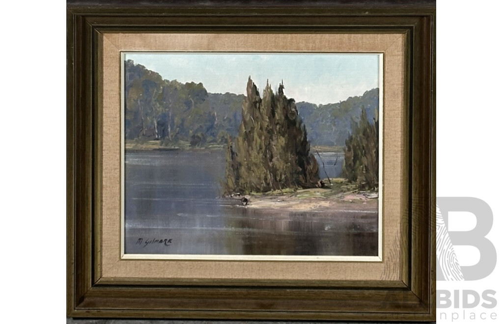 M. Gilmore, (20th Century, Australian), Pastoral Below Shallow Crossing, Vintage Acrylic on Canvas Board, 38 x 43 cm (frame)