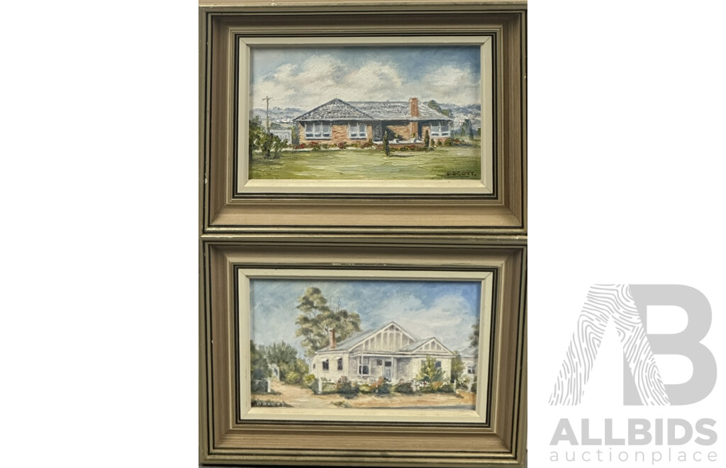 Doris Scott (20th Century, Australian), Country House & Suburban House, Lovely Pair of Vintage Acrylic on Canvases, 20 x 28 cm (frames)