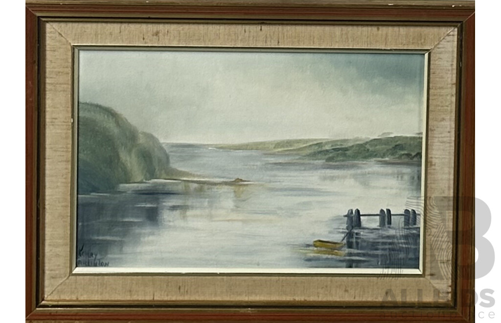 Kerry Arlinton, (20th Century), Lone Boat Moored on Tranquil Waters, Vintage Oil on Canvas Board, 28 x 38 cm (frame)