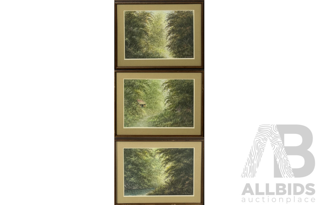 E. Setiawan (Indonesian School, 20th Century), Village Hut in Indonesian Jungle,  Trio of Watercolours, 38 x 48 cm (frames) (3)