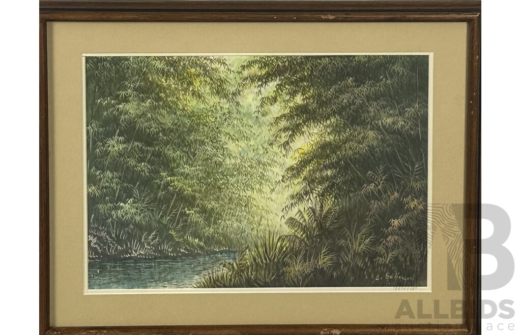 E. Setiawan (Indonesian School, 20th Century), Village Hut in Indonesian Jungle,  Trio of Watercolours, 38 x 48 cm (frames) (3)