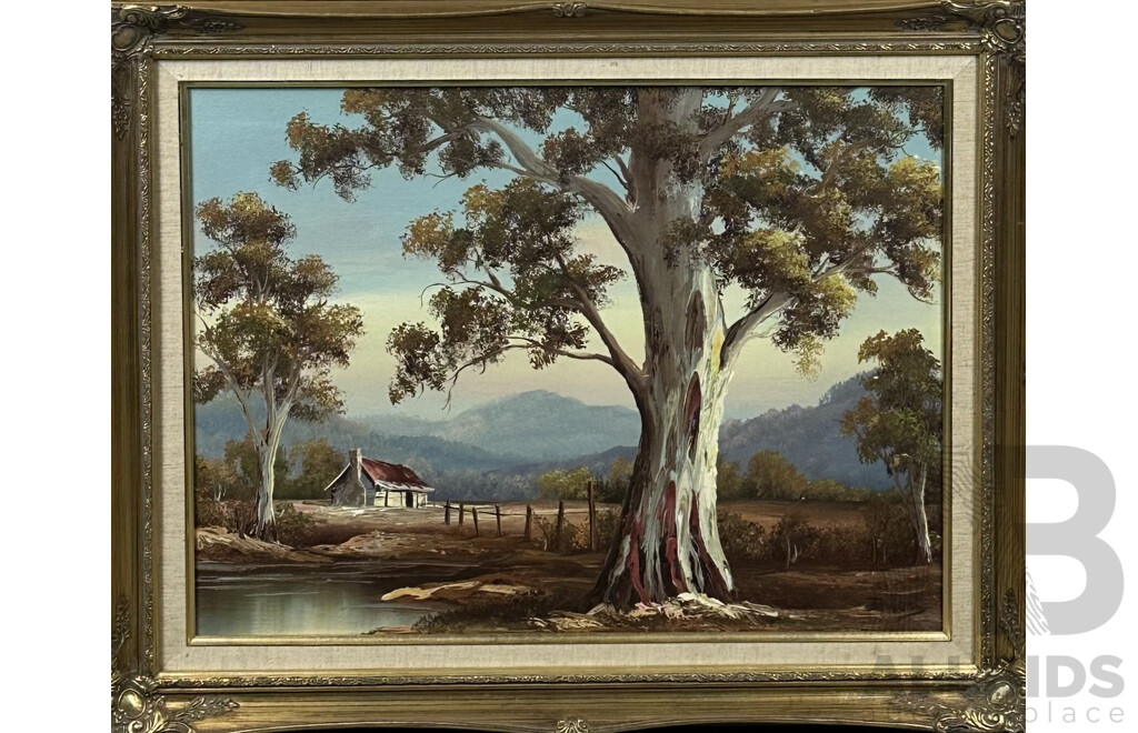 Burns, (20th Century, Australian), Home by the Big Gum Tree. Lovely Vintage Acrylic on Canvas Board, 59.5 x 74.5 cm (frame)