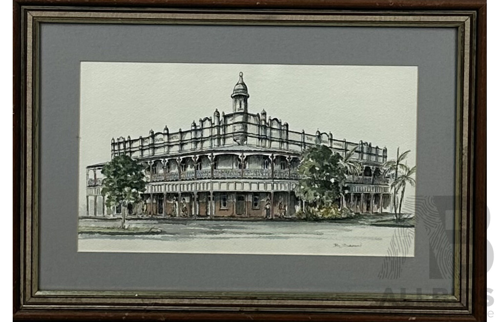 Barbara Saxton, (20th Century, Australian), Central Hotel, Vintage Ink and Watercolour, 42.5 x 60 cm (frame)